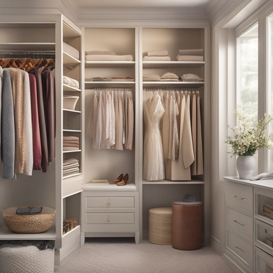 A serene, well-lit closet interior with custom shelving, a velvet-covered ottoman, and a few stylish garments on display, surrounded by calming beige and cream hues.