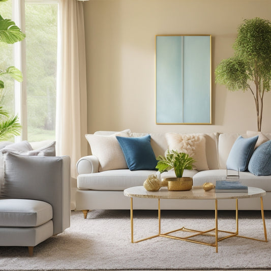A serene, minimalist living room with a warm beige couch, adorned with throw pillows in soothing blues and whites, surrounded by lush greenery and soft, golden lighting.