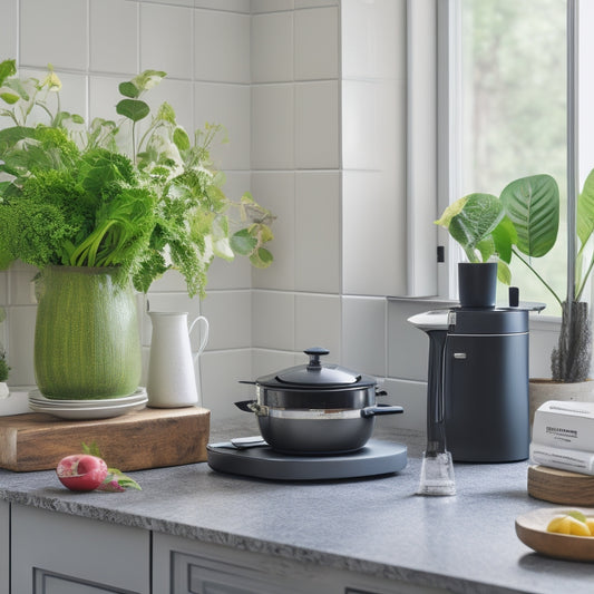 A clutter-free kitchen counter with a few strategically placed decorative items, a small vase with fresh greenery, and a few cookbooks stacked vertically beside a sleek, modern kitchen appliance.