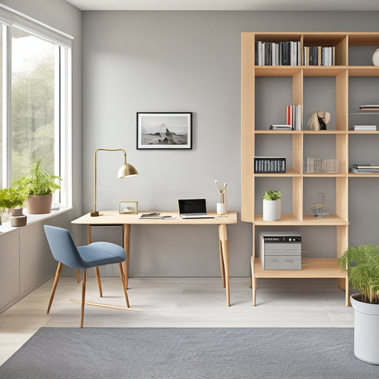 A modern, minimalist home office with a modular desk system featuring detachable shelving units, cable organizers, and a sleek, ergonomic chair, set against a calming, light-gray background with plenty of natural light.