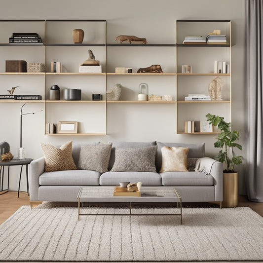 A clutter-free living room with a minimalist aesthetic, featuring a sectional sofa, a geometric-patterned rug, and a sleek, wall-mounted shelving unit with neatly arranged books and decorative objects.