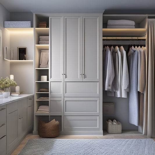A serene, well-lit closet interior with a senior-friendly design: double rods at waist height, soft-close drawers, and a seated area with a mirror, surrounded by calm, muted colors and minimal decor.