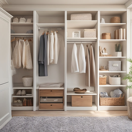 A serene and stylish closet interior with soft, warm lighting, featuring a mix of open shelving and closed storage units in a calming white and wood tone color scheme, with neatly organized clothing and accessories.