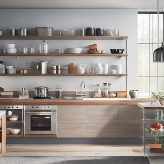 A modern kitchen with sleek countertops, featuring a wall-mounted adjustable shelf system with multiple tiers, chrome accents, and a mix of glass and wooden containers storing cookware and utensils.