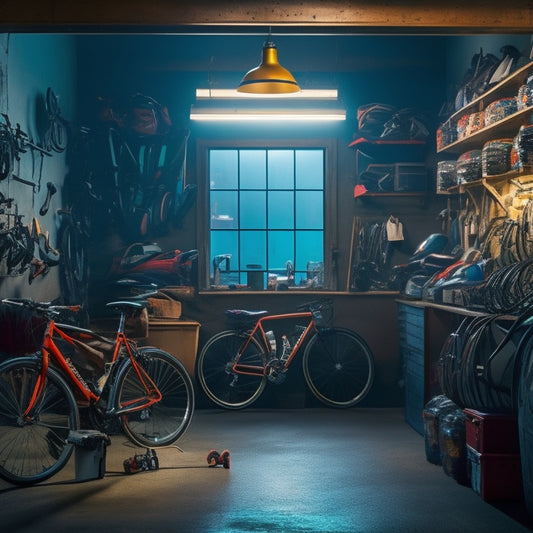 A dimly lit garage interior with bicycles, skateboards, and sports equipment scattered chaotically, surrounded by dusty shelves, tangled cords, and forgotten memorabilia, illuminated by a single flickering overhead bulb.