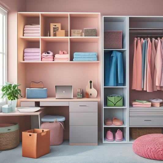 A tidy closet interior with a laptop open on a shelf, surrounded by organized clothing and storage bins, with a subtle background gradient of calming pastel colors.