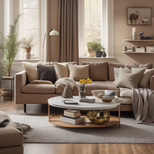 A cluttered living room with a messy coffee table and scattered items, contrasted with a sleek, minimalist version of the same room featuring hidden storage compartments and sleek, space-saving designs.