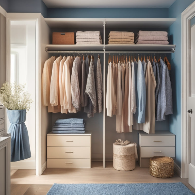 A serene, well-lit closet interior with sleek, minimalist shelving, neatly organized clothing items, and a few decorative accessories in a calming color palette, evoking a sense of tranquility and control.