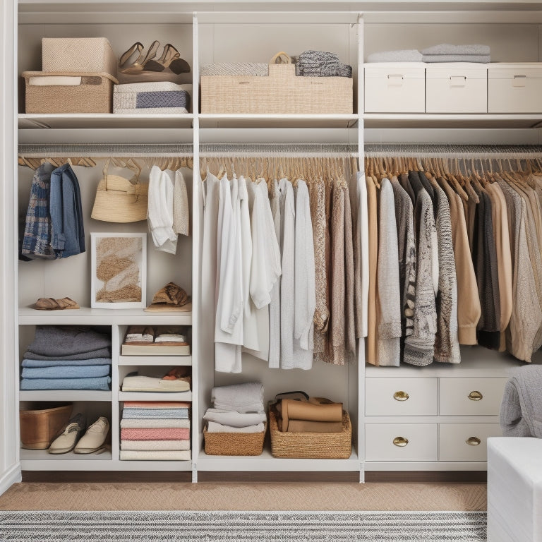 A cluttered closet with clothes scattered on the floor and shelves, contrasted with a neatly organized closet featuring a DIY organizer kit with wooden shelves, drawers, and rods, surrounded by calm, white space.