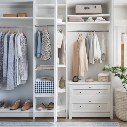 A bright, airy closet with a mix of open shelves, drawers, and hanging rods, adorned with a few stylish outfits, shoes, and accessories, against a soft, creamy white background.