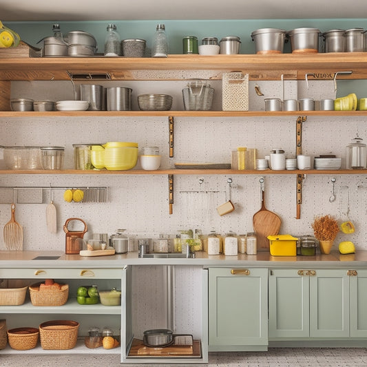 A tidy kitchen with open cabinets, organized cookware, and utensils arranged on adjustable dividers, showcasing a pegboard with hanging pots, a spice rack, and a built-in trash can with a slide-out drawer.