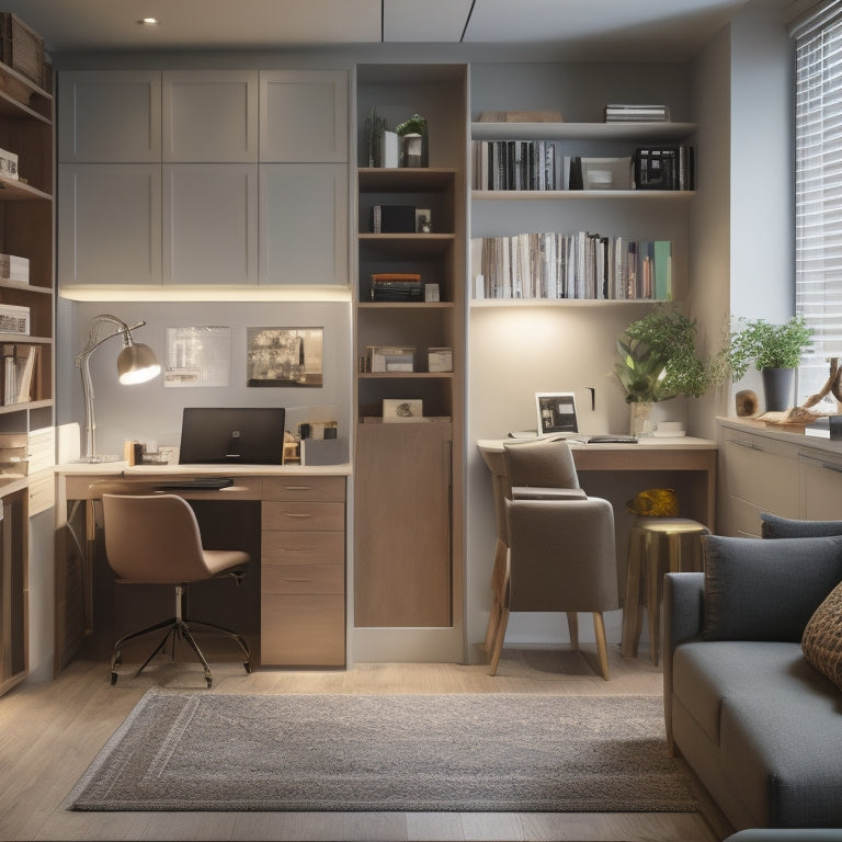 A tidy, well-lit studio apartment with a sleek, floor-to-ceiling shelving unit, a storage ottoman, and a Murphy bed with built-in drawers and a desk.