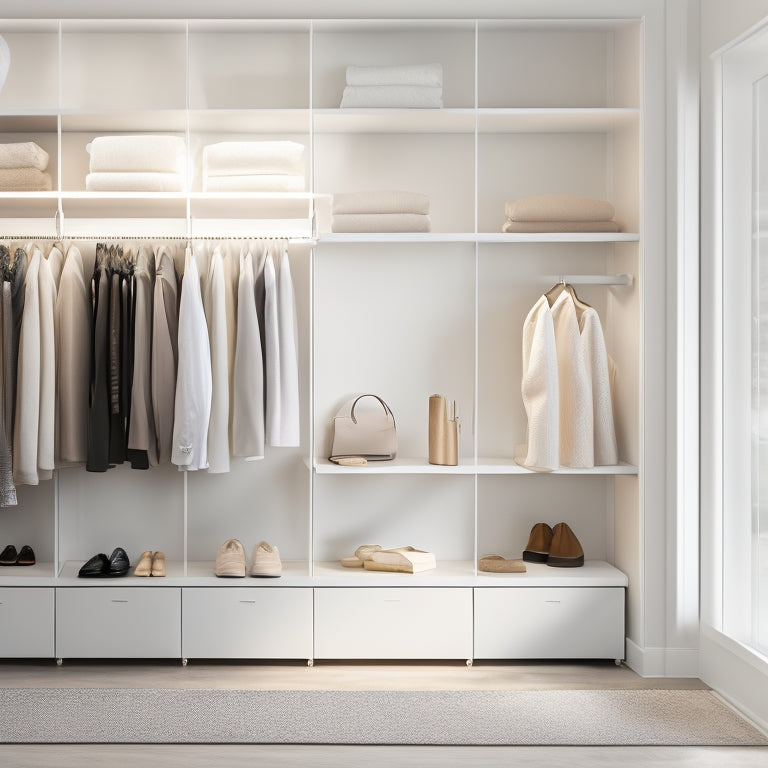 A serene, minimalist closet interior with a few, stylishly arranged garments, shoes, and accessories on sleek, white shelves and rods, illuminated by soft, warm light.