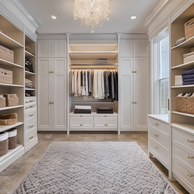 A serene, luxurious walk-in closet with creamy white walls, dark wood accents, and a plush area rug, featuring a central island with drawers, a built-in shoe rack, and a floor-to-ceiling clothes organizer.