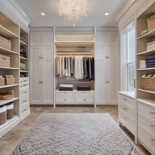 A serene, luxurious walk-in closet with creamy white walls, dark wood accents, and a plush area rug, featuring a central island with drawers, a built-in shoe rack, and a floor-to-ceiling clothes organizer.