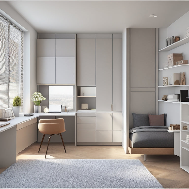 A minimalist, modern studio apartment with a murphy bed, a compact desk, and a floor-to-ceiling storage unit with sliding doors, showcasing a clutter-free and organized living space.