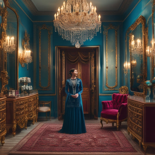 A stately, ornate dressing room with a velvet stool, crystal chandelier, and floor-to-ceiling mirrors; a stylish woman stands confidently, surrounded by neatly organized clothing racks and shelves.