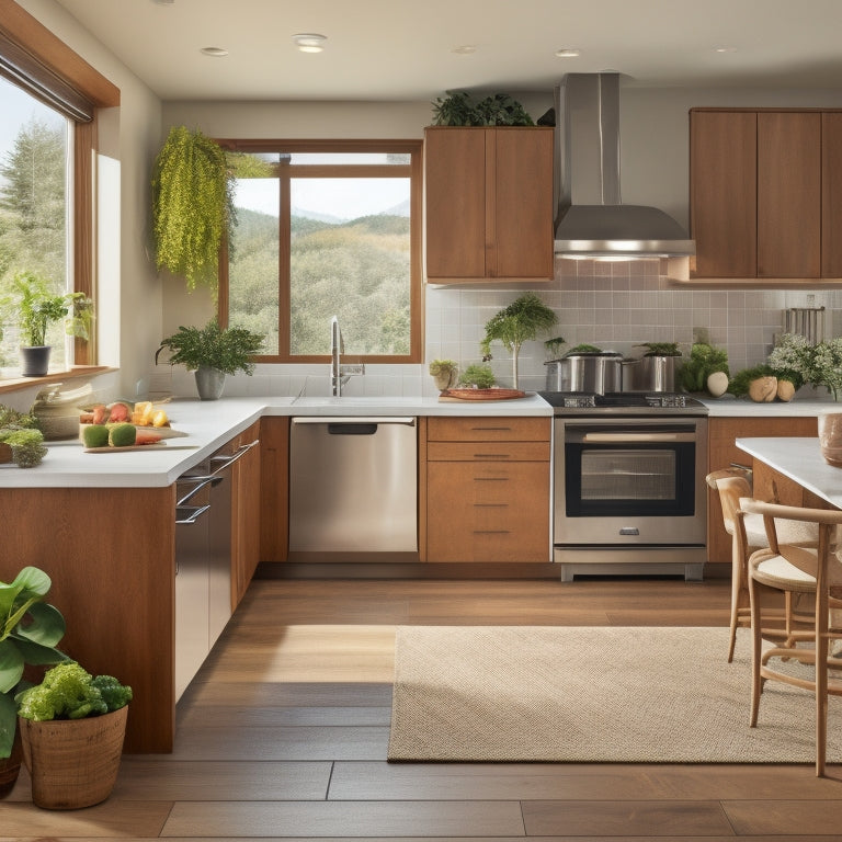 A modern kitchen with a sleek, compact island (approximately 3x4 feet) in a warm wood tone, topped with a butcher block surface, surrounded by stainless steel appliances and a few potted plants.