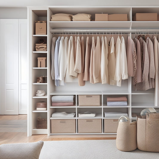 A clutter-free, minimalist closet with a compact shelving unit, retractable clothesline, and stackable storage bins, surrounded by a soft, calming beige background and warm, natural light.