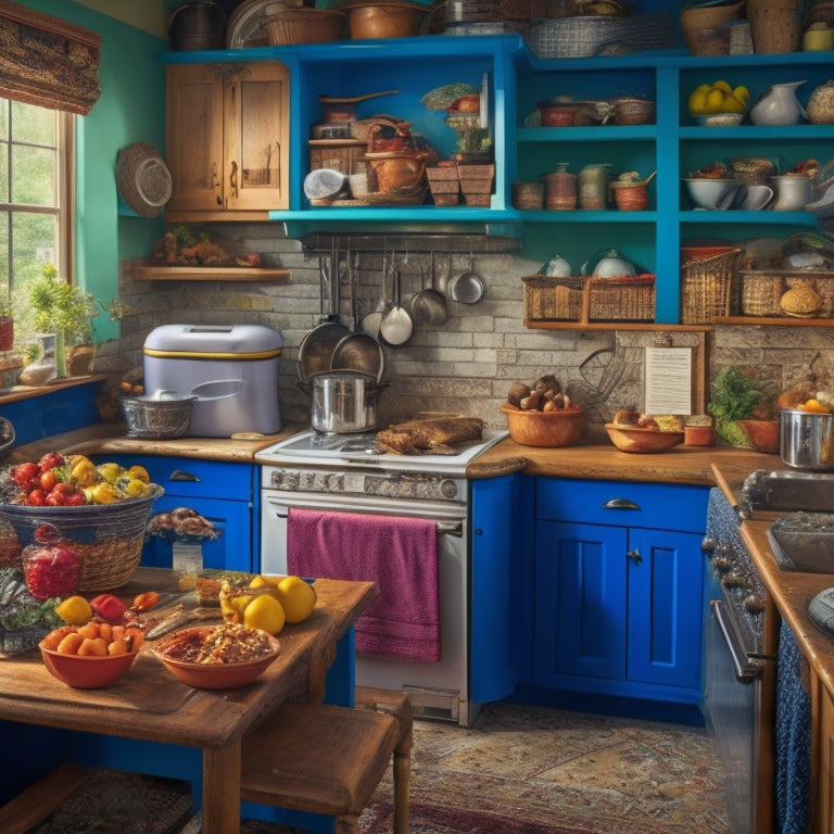 A cluttered, narrow kitchen with a small island, worn countertops, and a mix of old and new appliances, with utensils, cookbooks, and food items spilling out of overcrowded cabinets and drawers.