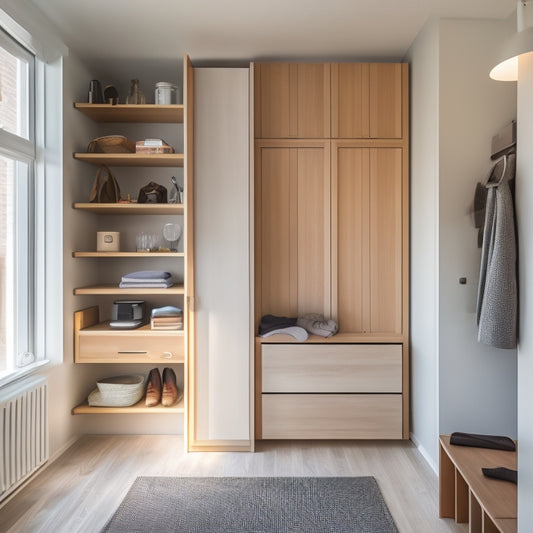 A minimalist, modern tiny house interior with a Murphy bed, sleek wooden closet, and multi-tiered shelves, showcasing hanging clothes, baskets, and bins, maximizing vertical storage space.