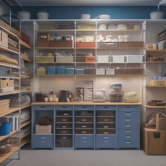 A well-lit, clutter-free basement with sleek, modular shelving units, labeled bins, and a pegboard with hooks, showcasing a functional and organized space with a few carefully placed decorative items.