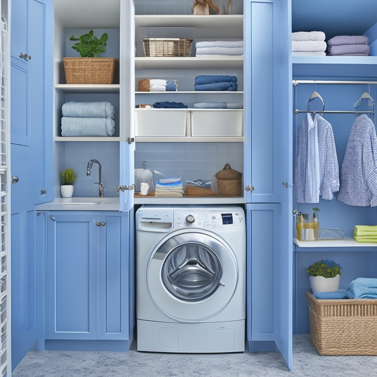 A tidy, compact laundry room with a wall-mounted, fold-down ironing board, a stackable washer/dryer, and a pull-out drying rack above a narrow, slide-out storage cabinet with chrome handles.