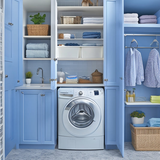 A tidy, compact laundry room with a wall-mounted, fold-down ironing board, a stackable washer/dryer, and a pull-out drying rack above a narrow, slide-out storage cabinet with chrome handles.