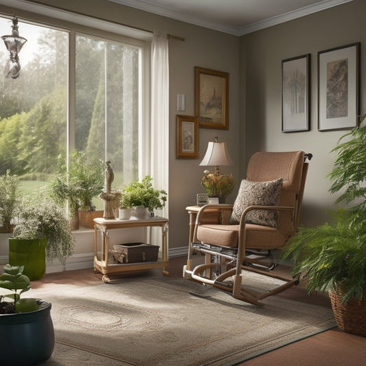 A warm and inviting living room with a wheelchair-accessible pathway, grab bars, and a stairlift, surrounded by calming greenery and soft natural light.