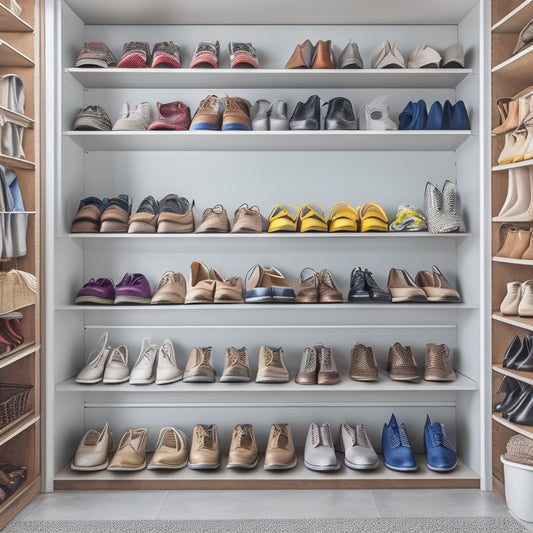 A tidy shoe closet with 5-7 pairs of shoes arranged by type on stackable shelves, with a few baskets and bins storing accessories like laces, polish, and insoles.