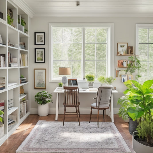 A bright, airy, and organized home office with a sleek white desk, ergonomic chair, and floor-to-ceiling shelves filled with books and decorative objects, surrounded by calm greenery.