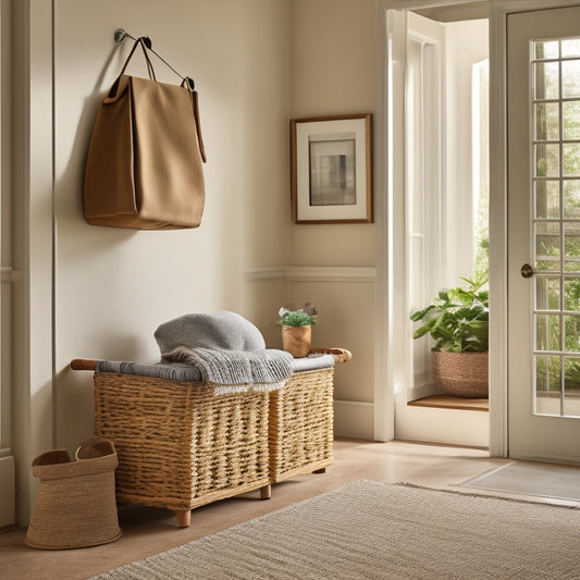 A clutter-free foyer with a wooden bench, a row of hooks for backpacks, and a woven basket for shoes, set against a calming beige background with natural light pouring in.