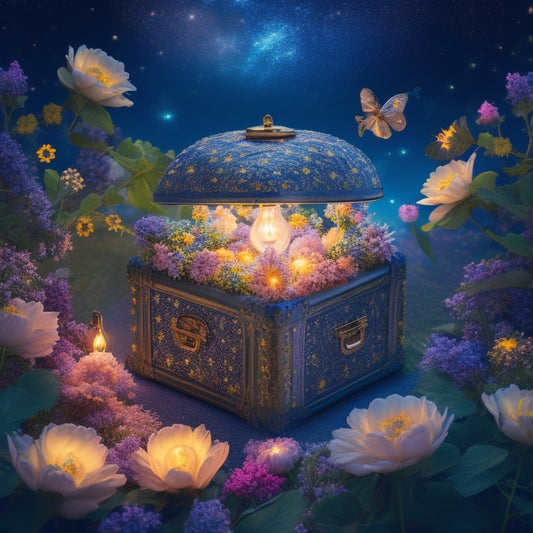 A whimsical illustration of a mind as a treasure chest, overflowing with glowing lightbulbs, gears, and puzzle pieces, surrounded by blooming flowers and vines, set against a starry night sky.