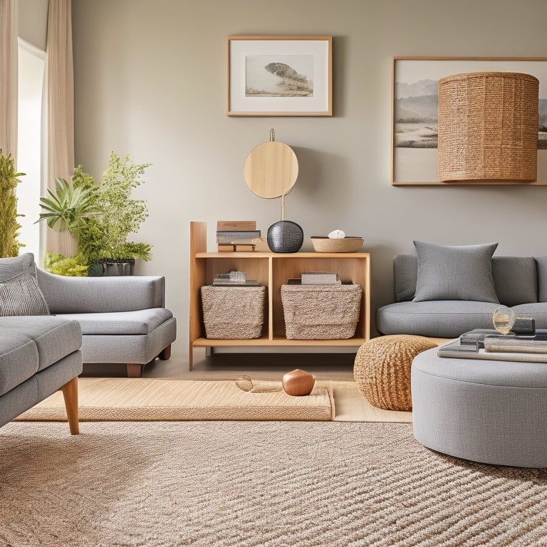 A clutter-free, modern living room with a sleek coffee table featuring built-in storage bins, a floating shelf above a sofa with woven baskets, and a minimalist ottoman with a lift-top storage compartment.