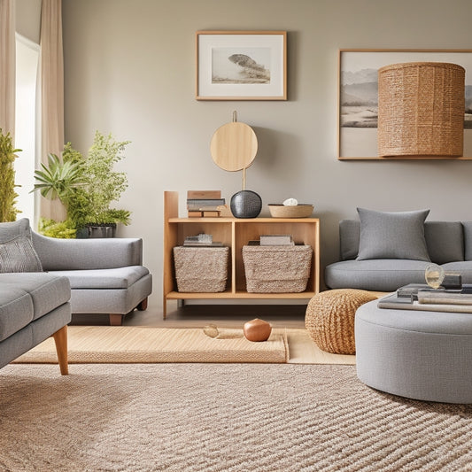 A clutter-free, modern living room with a sleek coffee table featuring built-in storage bins, a floating shelf above a sofa with woven baskets, and a minimalist ottoman with a lift-top storage compartment.