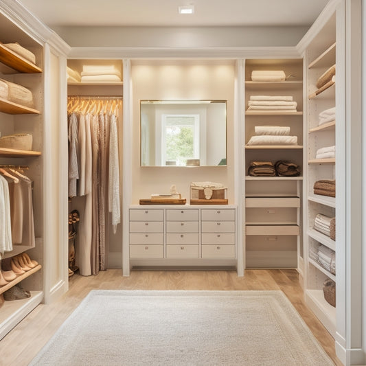 A serene, walk-in closet with creamy white shelves, rich wood accents, and soft, warm lighting, featuring a bespoke, floor-to-ceiling storage system with velvet-lined drawers and hanging rods.