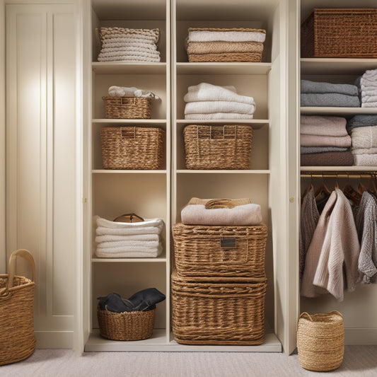 A tidy, well-lit closet with three shelves, each holding three woven baskets of varying sizes, filled with folded clothes, books, and decorative objects, against a soft, creamy background.