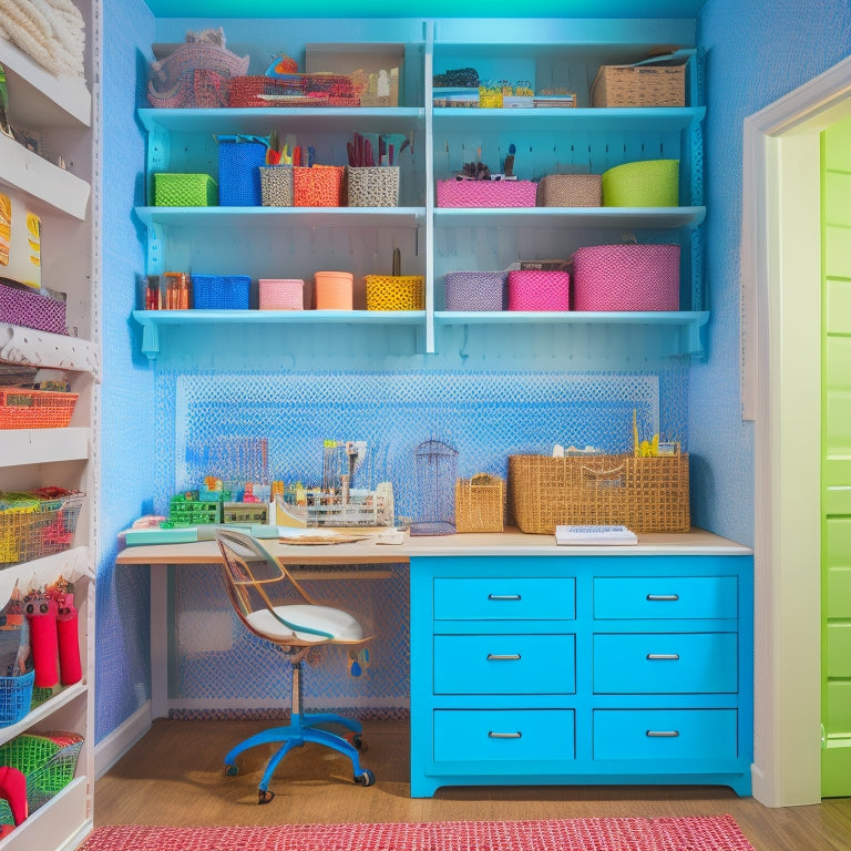 A bright, well-lit craft room closet with shelves, bins, and hooks organized by type and color, featuring a pegboard with hanging tools and a built-in desk with a sewing machine.