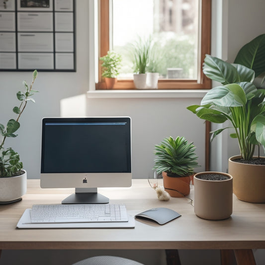 A serene, minimalist workspace with a laptop open to a decluttering course, surrounded by neatly organized folders, a tidy desk calendar, and a few carefully placed, thriving houseplants.