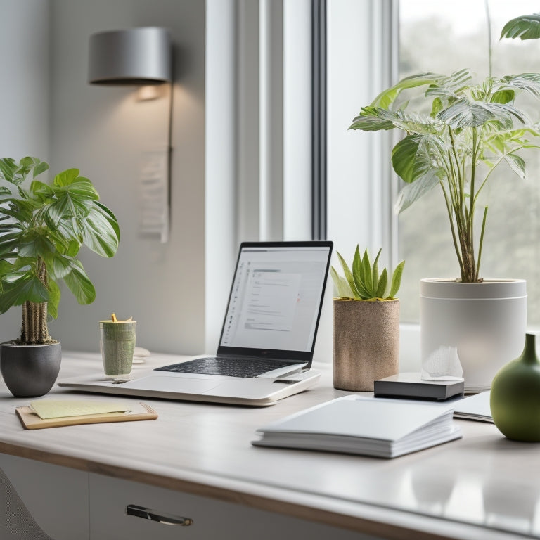 A serene, minimalist desk with a sleek laptop, a small potted plant, and a few organized folders, set against a soft, calming background with subtle natural light and gentle shadows.