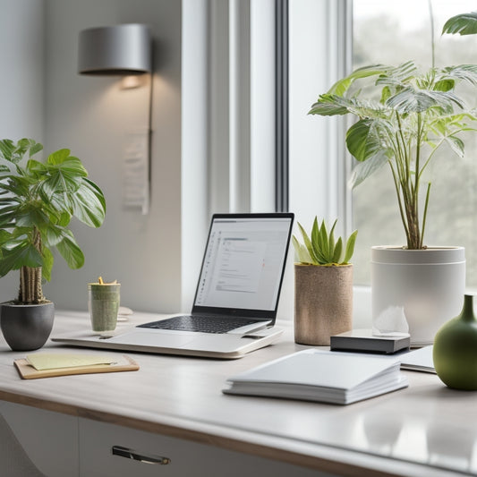 A serene, minimalist desk with a sleek laptop, a small potted plant, and a few organized folders, set against a soft, calming background with subtle natural light and gentle shadows.
