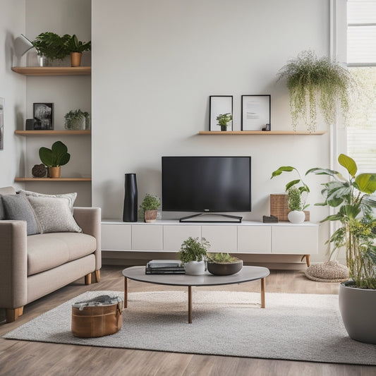 A tidy, minimalist living room with a sleek sectional sofa, a wall-mounted TV, and a floating shelf with neatly arranged storage bins, surrounded by a few potted plants and natural light.