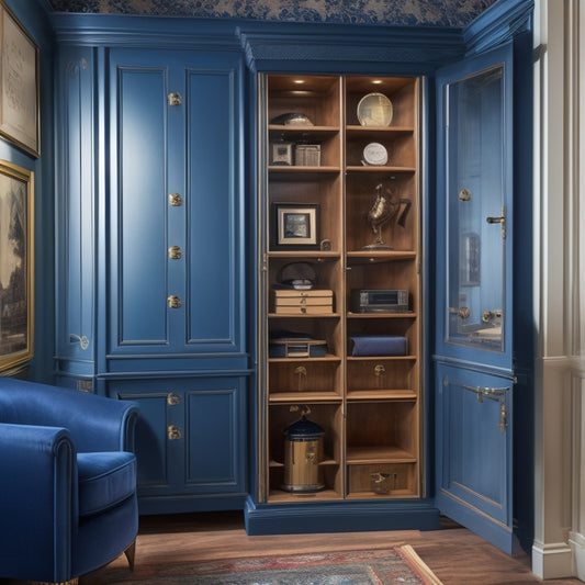 A clutter-free corner featuring a floor-to-ceiling shelving unit with ornate lockboxes, stacked velvet-lined drawers, and a hidden safe behind a sliding mirror.