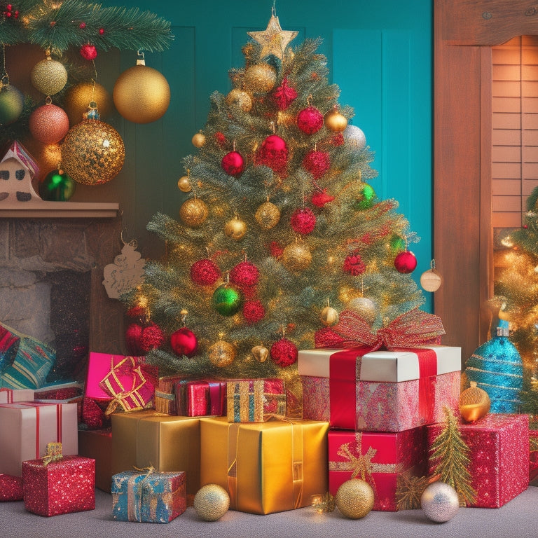 A whimsical illustration of a festive holiday scene: a decorated Christmas tree surrounded by scattered ornaments, colorful gift boxes, and a calendar with notes and stickers, set against a warm, golden background.