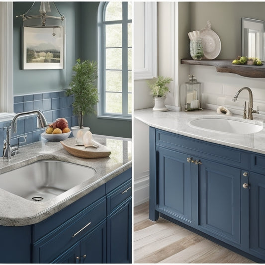 A split-screen image featuring three different corner sink layouts: a curved sink with a rounded countertop, a rectangular sink with a diagonal countertop, and a sink with a wraparound countertop and cabinets.