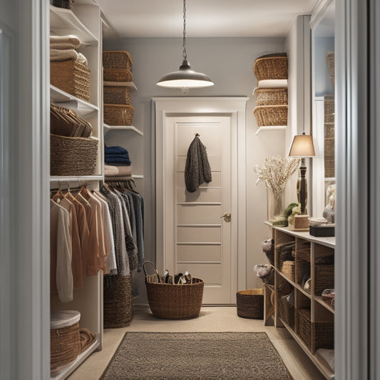 A tidy walk-in closet with floor-to-ceiling shelves, stacked wicker baskets, and a hanging organizer system with pockets and hooks, illuminated by a string of fairy lights.