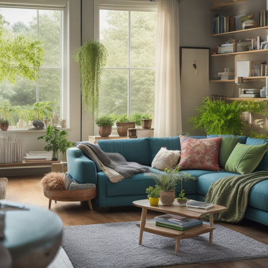 A serene living room with a calm mother reading on a plush couch, surrounded by tidy toys and books, natural light pouring in through floor-to-ceiling windows, and a few lush green plants on a minimalist shelf.