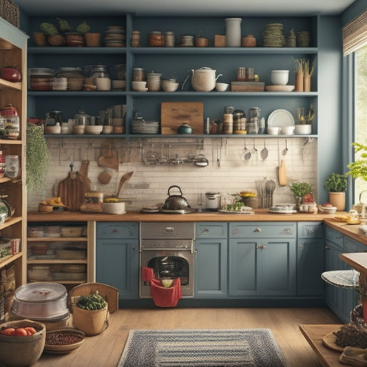 An illustration of a cluttered kitchen with cabinets overflowing with dishes, utensils, and cookbooks, contrasted with a tidy, well-organized kitchen featuring optimized cabinet layout, ample counter space, and a sense of calm.