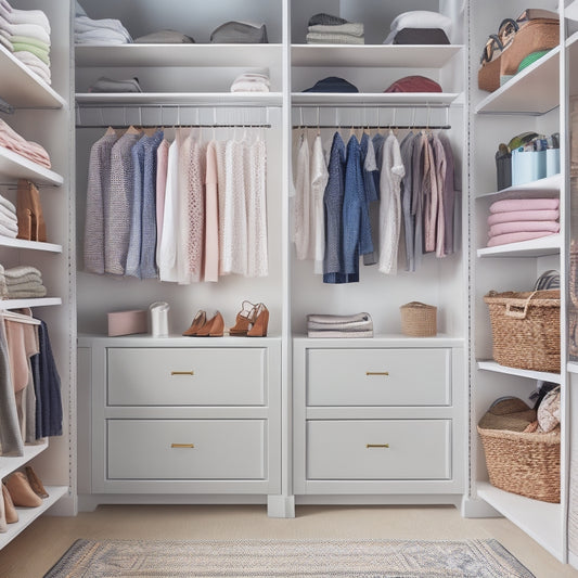 A serene, light-filled closet with a mix of open shelving and closed cabinets, showcasing a rainbow of organized clothing, shoes, and accessories, with a few strategically placed baskets and bins.