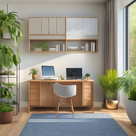 A clutter-free home office with a sleek, minimalist desk, a floor-to-ceiling storage unit with sliding doors, and a few carefully placed decorative plants, lit by a large window with soft, natural light.